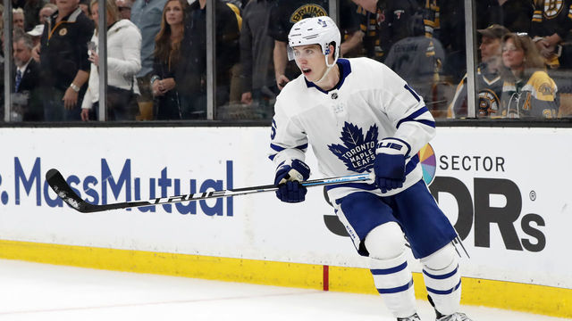 BOSTON, MA - APRIL 23: Toronto Maple Leafs right wing Mitchell Marner (16) during Game 7 of the 2019 First Round Stanley Cup Playoffs between the Boston Bruins and the Toronto Maple Leafs on April 23, 2019, at TD Garden in Boston, Massachusetts.