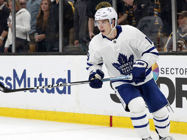 BOSTON, MA - APRIL 23: Toronto Maple Leafs right wing Mitchell Marner (16) during Game 7 of the 2019 First Round Stanley Cup Playoffs between the Boston Bruins and the Toronto Maple Leafs on April 23, 2019, at TD Garden in Boston, Massachusetts.