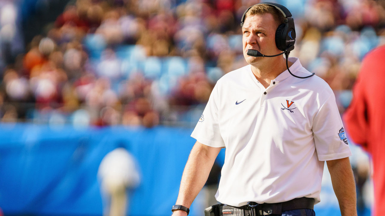 CHARLOTTE, NC - DECEMBER 29: Virginia Cavaliers head coach Bronco Mendenhall on December 29, 2018 during the Belk Bowl between the Virginia Cavaliers and the South Carolina Gamecocks at Bank of America Stadium in Charlotte, NC.