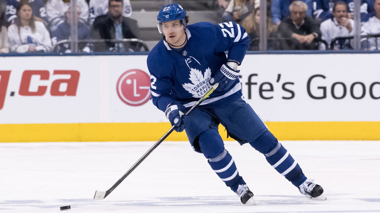 TORONTO, ON - APRIL 21: Toronto Maple Leafs Defenceman Nikita Zaitsev (22) skates with the puck during Game 6 of the First Round Stanley Cup Playoffs series between the Boston Bruins and the Toronto Maple Leafs on April 21, 2019, at Scotiabank Arena in Toronto, ON.