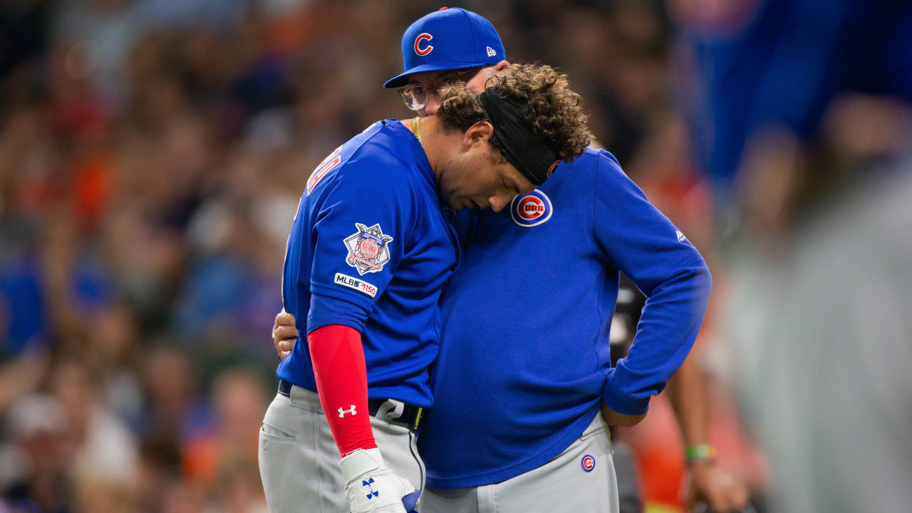 HOUSTON, TX - MAY 29: Chicago Cubs center fielder Albert Almora Jr. (5) reacts with Chicago Cubs manager Joe Maddon (70) as a child was hit in the face by a foul ball hit by Albert Almora in the fourth inning of a baseball game between the Houston Astros and the Chicago Cubs during a MLB baseball game at Minute Maid Park in May 29, 2019, in Houston, TX.