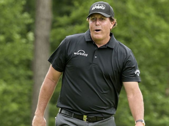 DUBLIN, OHIO - MAY 30: Phil Mickelson reacts to his putt on the ninth hole during the first round of the Memorial Tournament presented by Nationwide at Muirfield Village Golf Club on May 30, 2019 in Dublin, Ohio.