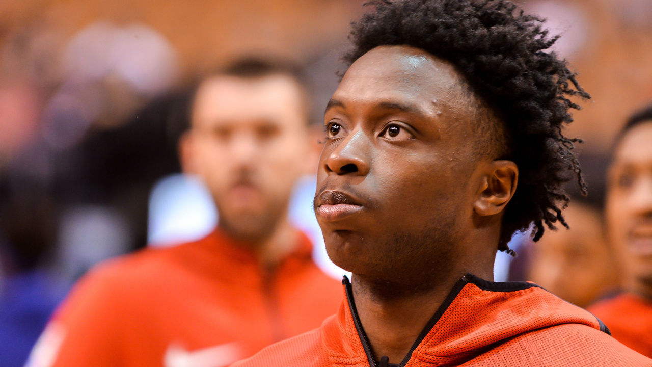 OG Anunoby #3 of the Toronto Raptors looks at before the Toronto Raptors vs New York Knicks NBA regular season game at Scotiabank Arena on March 18, 2019, in Toronto, Canada (Toronto Raptors win 128-92)