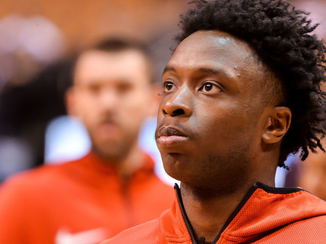 OG Anunoby #3 of the Toronto Raptors looks at before the Toronto Raptors vs New York Knicks NBA regular season game at Scotiabank Arena on March 18, 2019, in Toronto, Canada (Toronto Raptors win 128-92)