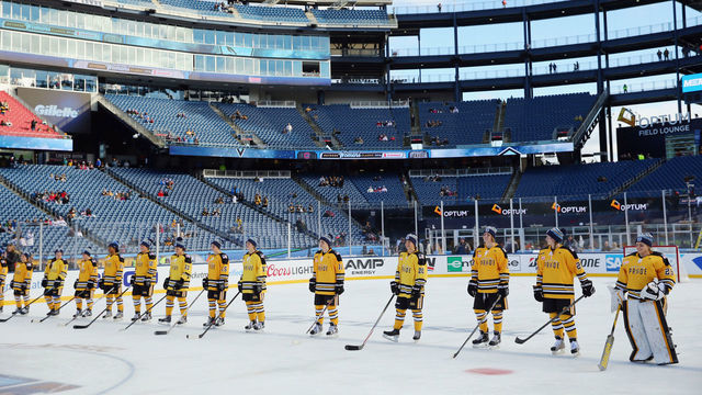 FOXBORO, MA - DECEMBER 31: The Boston Pride (NWHL) prepare for their game against the Les Canadiennes (CWHL) during the Outdoor Womens Classic at Gillette Stadium on December 31, 2015 in Foxboro, Massachusetts.