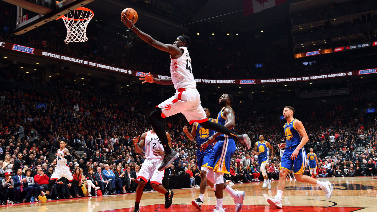 TORONTO, CANADA - MAY 30: Pascal Siakam #43 of the Toronto Raptors shoots the ball against the Golden State Warriors during Game One of the NBA Finals on May 30, 2019 at Scotiabank Arena in Toronto, Ontario, Canada. NOTE TO USER: User expressly acknowledges and agrees that, by downloading and/or using this photograph, user is consenting to the terms and conditions of the Getty Images License Agreement. Mandatory Copyright Notice: Copyright 2019 NBAE