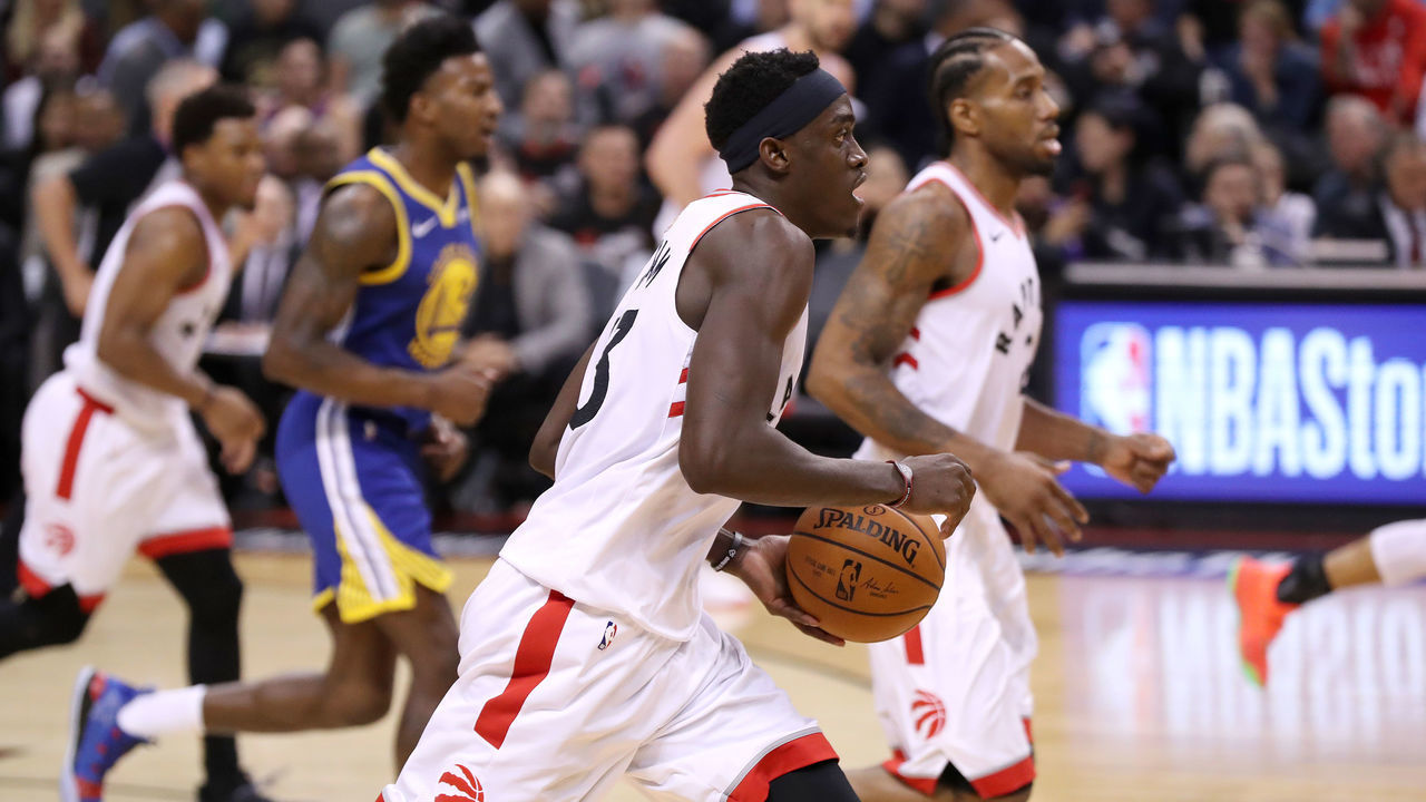 TORONTO, CANADA - MAY 30: Pascal Siakam #43 of the Toronto Raptors handles the ball against the Golden State Warriors during Game One of the NBA Finals on May 30, 2019 at Scotiabank Arena in Toronto, Ontario, Canada. NOTE TO USER: User expressly acknowledges and agrees that, by downloading and/or using this photograph, user is consenting to the terms and conditions of the Getty Images License Agreement. Mandatory Copyright Notice: Copyright 2019 NBAE