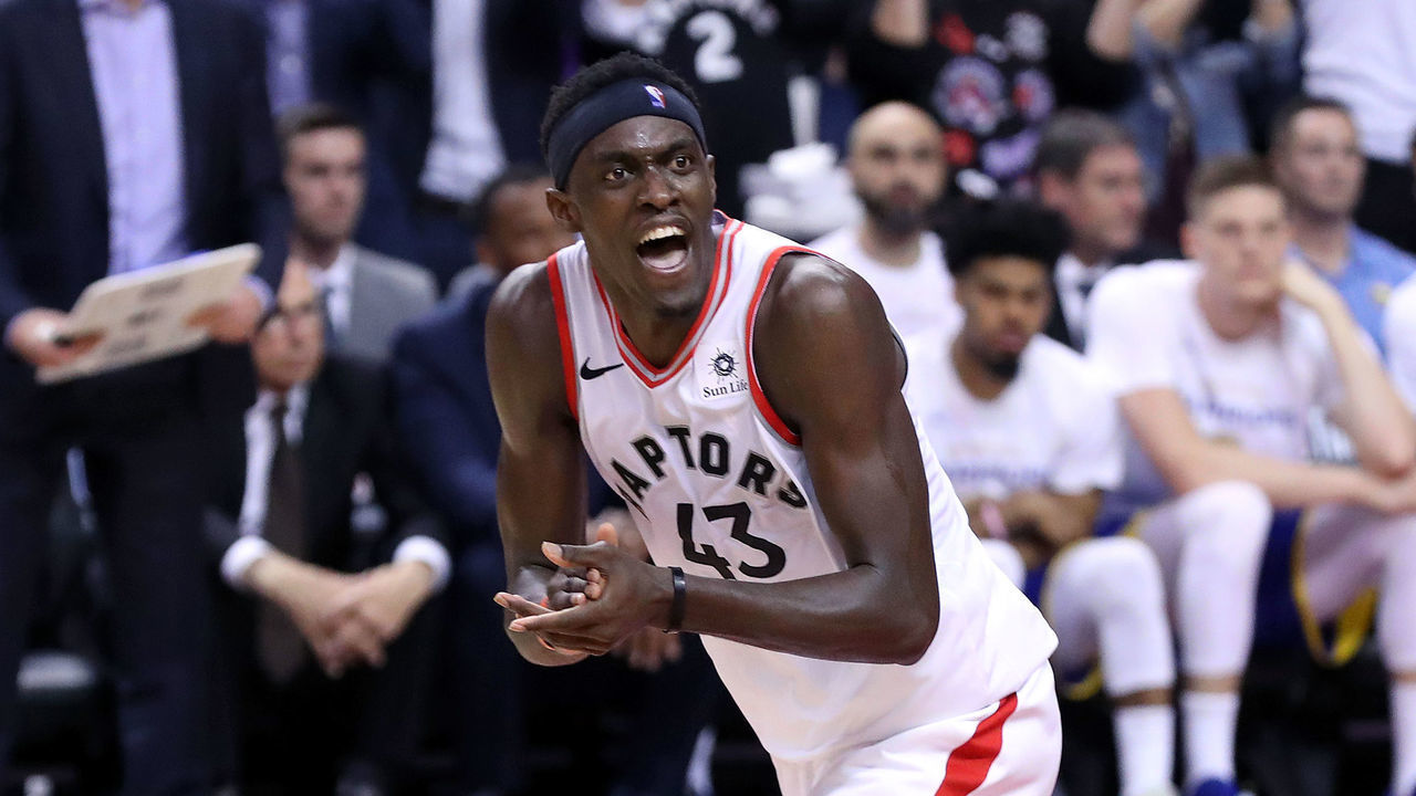 TORONTO, CANADA - MAY 30: Pascal Siakam #43 of the Toronto Raptors reacts to a play during Game One of the NBA Finals against the Golden State Warriors on May 30, 2019 at Scotiabank Arena in Toronto, Ontario, Canada. NOTE TO USER: User expressly acknowledges and agrees that, by downloading and/or using this photograph, user is consenting to the terms and conditions of the Getty Images License Agreement. Mandatory Copyright Notice: Copyright 2019 NBAE