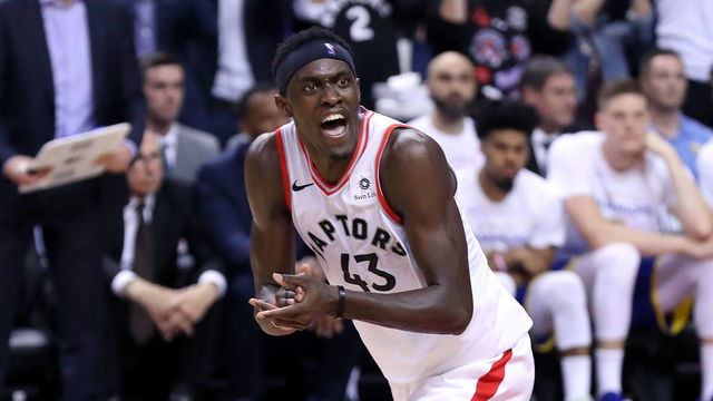 TORONTO, CANADA - MAY 30: Pascal Siakam #43 of the Toronto Raptors reacts to a play during Game One of the NBA Finals against the Golden State Warriors on May 30, 2019 at Scotiabank Arena in Toronto, Ontario, Canada. NOTE TO USER: User expressly acknowledges and agrees that, by downloading and/or using this photograph, user is consenting to the terms and conditions of the Getty Images License Agreement. Mandatory Copyright Notice: Copyright 2019 NBAE