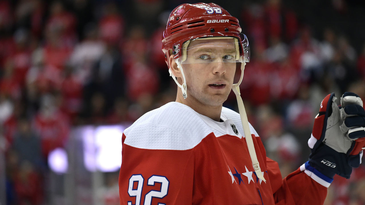 WASHINGTON, DC - MARCH 26: Washington Capitals center Evgeny Kuznetsov (92) looks through his visor during the Carolina Hurricanes vs. Washington Capitals NHL game March 26, 2019 at Capital One Arena in Washington, D.C..