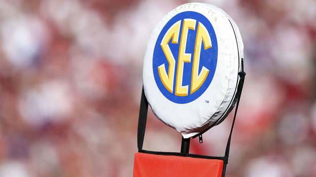 TUSCALOOSA, AL - SEPTEMBER 20: The Southeastern Conference logo is seen on a sideline marker during the game between the Alabama Crimson Tide and the Florida Gators at Bryant-Denny Stadium on September 20, 2014 in Tuscaloosa, Alabama. Alabama defeated Florida 42-21.