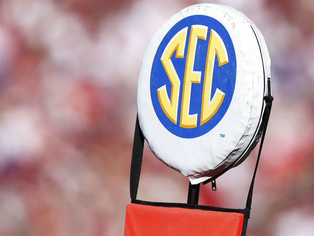 TUSCALOOSA, AL - SEPTEMBER 20: The Southeastern Conference logo is seen on a sideline marker during the game between the Alabama Crimson Tide and the Florida Gators at Bryant-Denny Stadium on September 20, 2014 in Tuscaloosa, Alabama. Alabama defeated Florida 42-21.