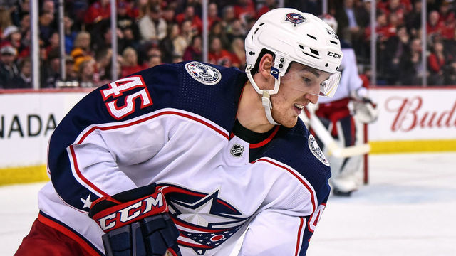 CALGARY, AB - MARCH 19: Columbus Blue Jackets Left Wing Lukas Sedlak (45) collects the puck in his zone during the second period of an NHL game where the Calgary Flames hosted the Columbus Blue Jackets on March 19, 2019, at the Scotiabank Saddledome in Calgary, AB.