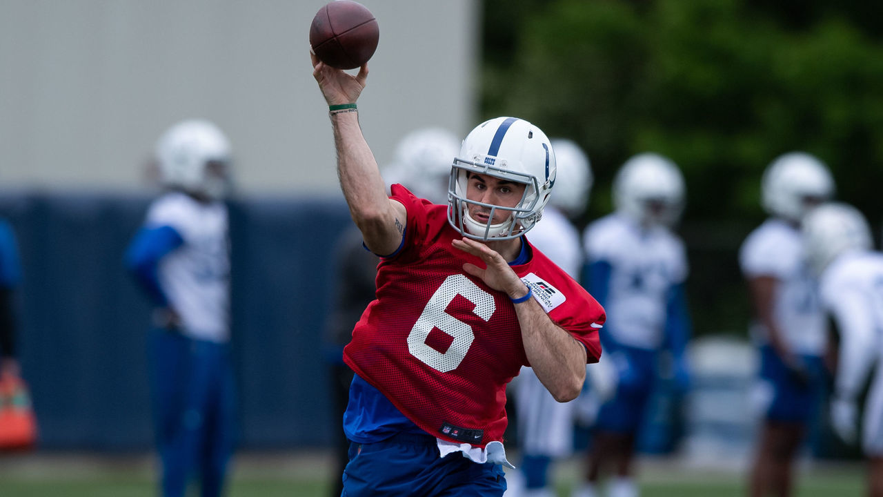 INDIANAPOLIS, IN - MAY 21: Indianapolis Colts quarterback Chad Kelly (6) runs through a drill during the Indianapolis Colts OTA on May 21, 2019 at the Indiana Farm Bureau Football Center in Indianapolis, IN.