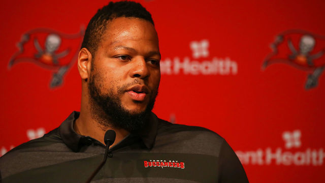 TAMPA, FL - MAY 31: Ndamukong Suh speaks to the media during the introductory press conference for Ndamukong Suh on May 31, 2019 at One Buccaneer Place in Tampa,FL.
