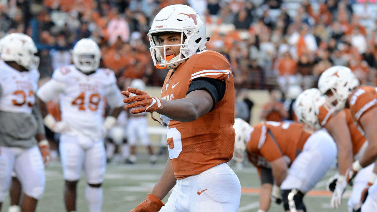 AUSTIN, TX - APRIL 13: Freshman WR Bru McCoy lines up for a play during the Longhorns spring game on April 13, 2019, at Darrell K Royal-Texas Memorial Stadium in Austin, Texas.