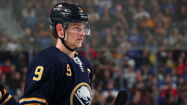 BUFFALO, NY - APRIL 4: Jack Eichel #9 of the Buffalo Sabres skates against the Ottawa Senators during an NHL game on April 4, 2019 at KeyBank Center in Buffalo, New York.