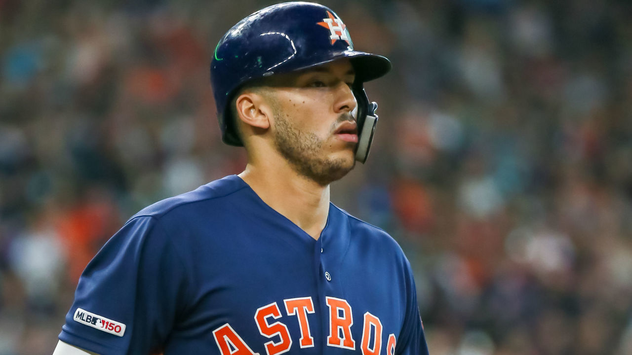 HOUSTON, TX - MAY 26: Houston Astros shortstop Carlos Correa (1) gets a walk in the bottom of the sixth inning during the game between the Boston Red Sox and Houston Astros on May 26, 2019 at Minute Maid Park in Houston, Texas.