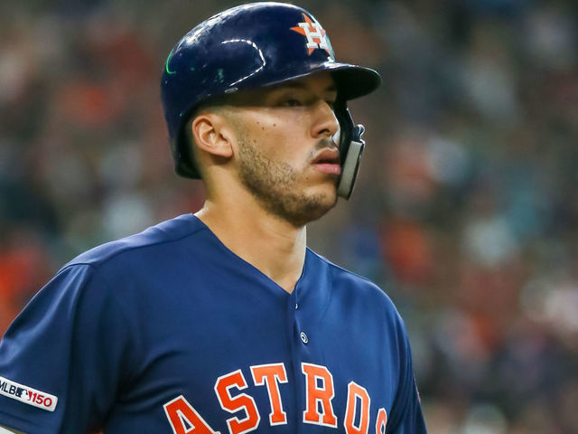 HOUSTON, TX - MAY 26: Houston Astros shortstop Carlos Correa (1) gets a walk in the bottom of the sixth inning during the game between the Boston Red Sox and Houston Astros on May 26, 2019 at Minute Maid Park in Houston, Texas.