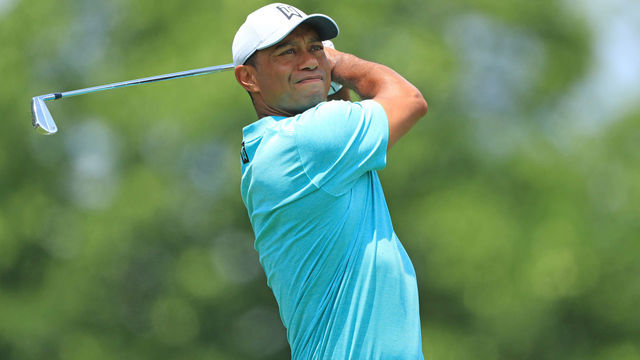 DUBLIN, OHIO - MAY 31: Tiger Woods watches his tee shot on the third hole during the second round of The Memorial Tournament Presented by Nationwide at Muirfield Village Golf Club on May 31, 2019 in Dublin, Ohio.