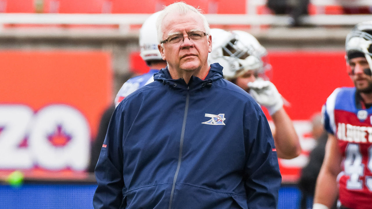 MONTREAL, QC - OCTOBER 08: Look on Montreal Alouettes Head Coach Mike Sherman at warm-up before the Calgary Stampeders versus the Montreal Alouettes game on October 8, 2018, at Percival Molson Memorial Stadium in Montreal, QC