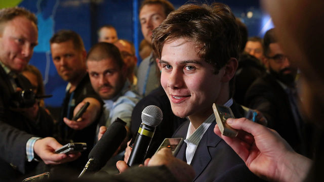 BUFFALO, NY - MAY 31: Jack Hughes speaks during the Top Prospects Media Availability at the 2019 NHL Scouting Combine on May 31, 2019 at Harborcenter in Buffalo, New York.