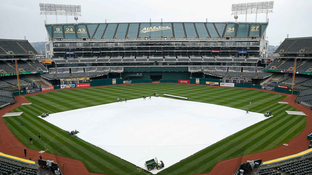 OAKLAND, CA - APRIL 16: A tarp covers the infield as rain falls before the game between the Houston Astros and the Oakland Athletics at Oakland Alameda Coliseum on April 16, 2017 in Oakland, California. The game was postponed to a future date do to the weather.