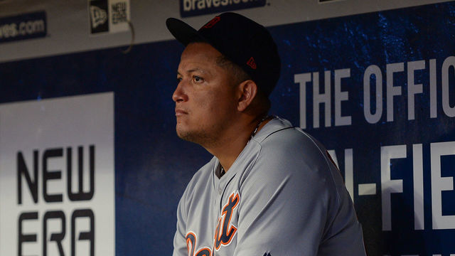 ATLANTA, GA MAY 31: Detroit Tigers First baseman Miguel Cabrera (24) looks on from the dugout after being pulled due to a knee injury during the game between the Atlanta Braves and the Detroit Tigers on May 31st, 2019 at SunTrust Park in Atlanta, GA.