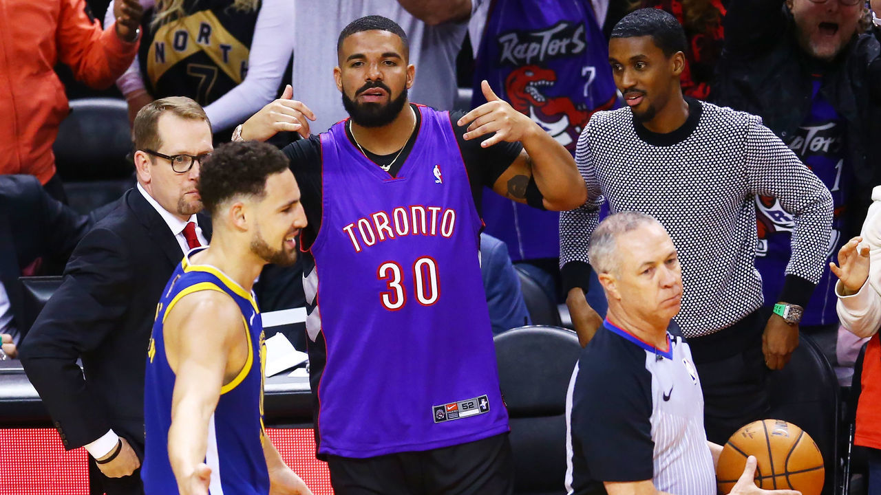 TORONTO, ONTARIO - MAY 30: Drake reacts during Game One of the 2019 NBA Finals between the Golden State Warriors and the Toronto Raptors at Scotiabank Arena on May 30, 2019 in Toronto, Canada.