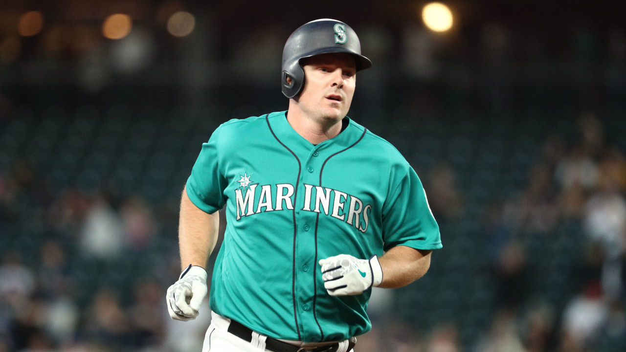 SEATTLE, WASHINGTON - MAY 31: Jay Bruce #32 of the Seattle Mariners laps the bases after hitting his 300th career home run against the Los Angeles Angels of Anaheim in the seventh inning during their game at T-Mobile Park on May 31, 2019 in Seattle, Washington.