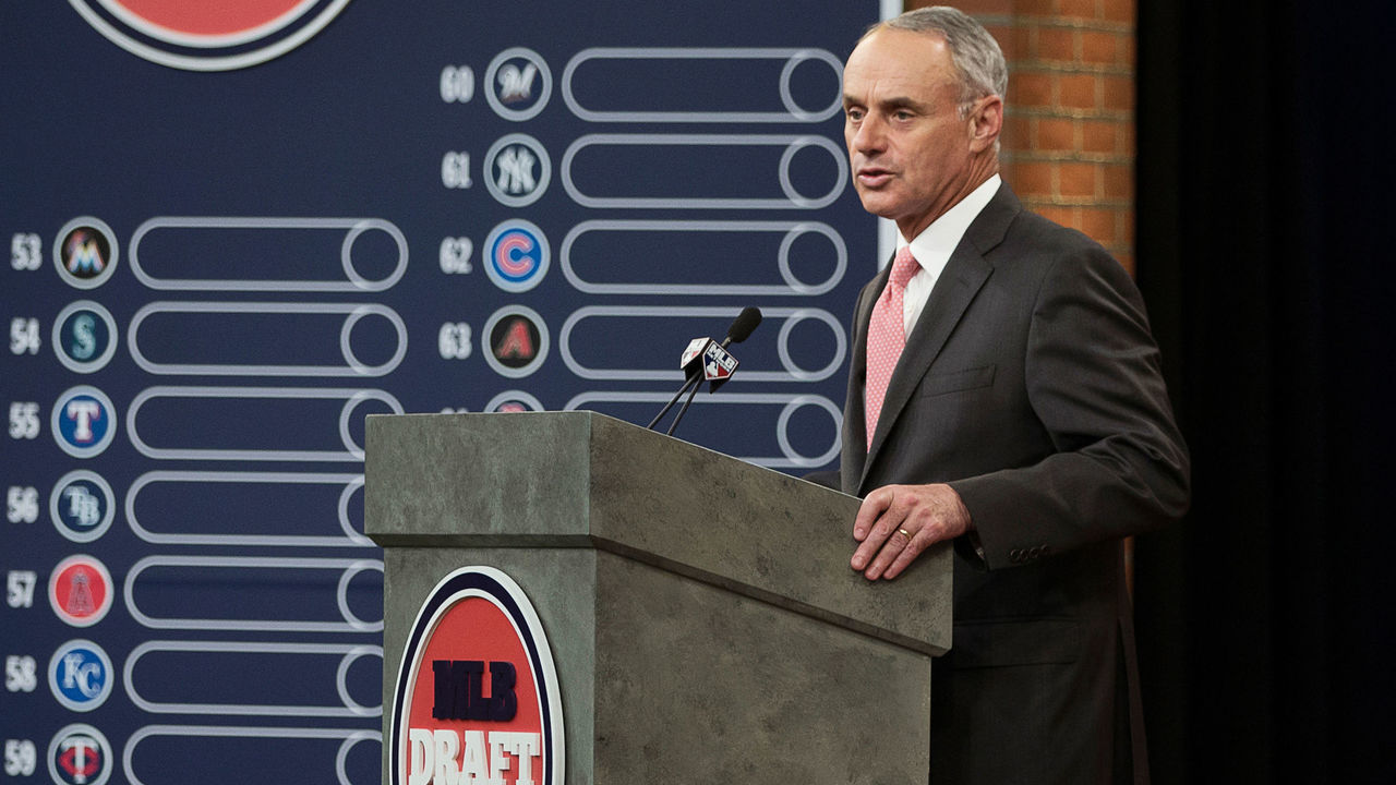 SECAUCUS, NJ - JUNE 4: Major League Baseball Commissioner Robert D. Manfred Jr. during the 2018 Major League Baseball Draft at Studio 42 at the MLB Network on Monday, June 4, 2018 in Secaucus, New Jersey.