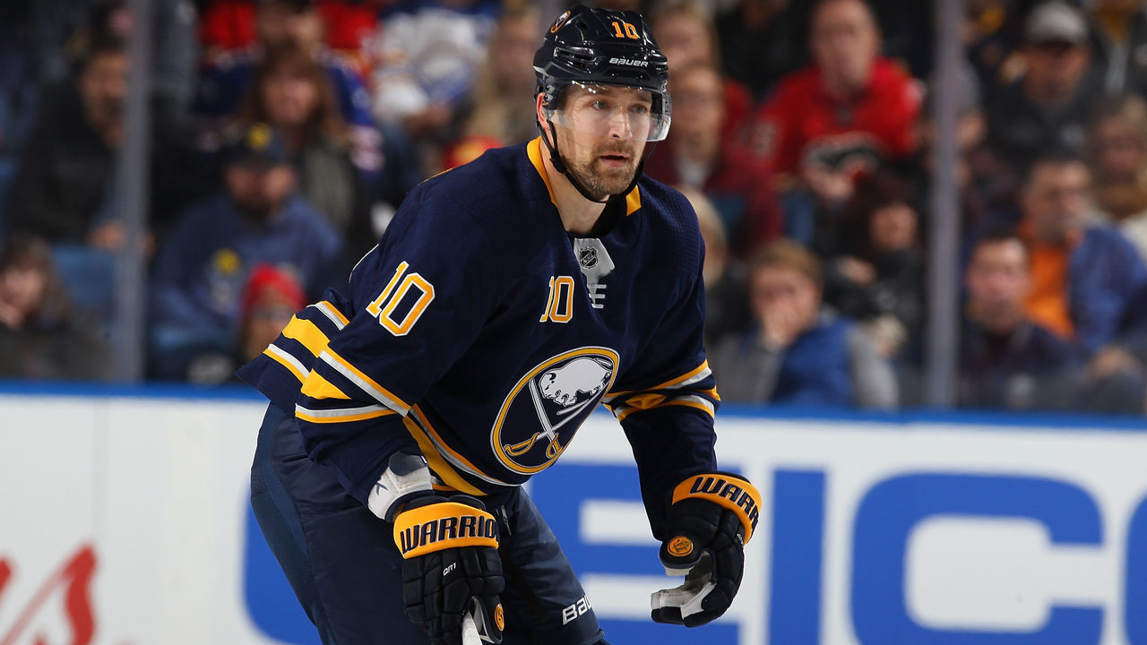 BUFFALO, NY - OCTOBER 30: Patrik Berglund #10 of the Buffalo Sabres skates against the Calgary Flames during an NHL game on October 30, 2018 at KeyBank Center in Buffalo, New York.