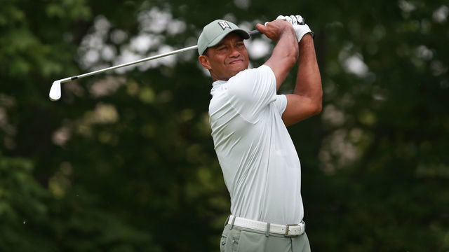 DUBLIN, OHIO - JUNE 01: Tiger Woods hits his tee shot on the 14th hole during the third round of The Memorial Tournament Presented by Nationwide at Muirfield Village Golf Club on June 01, 2019 in Dublin, Ohio.
