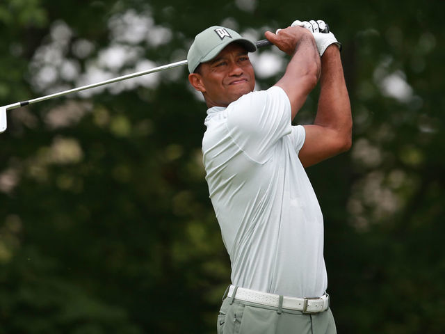 DUBLIN, OHIO - JUNE 01: Tiger Woods hits his tee shot on the 14th hole during the third round of The Memorial Tournament Presented by Nationwide at Muirfield Village Golf Club on June 01, 2019 in Dublin, Ohio.