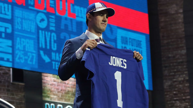 NASHVILLE, TN - APRIL 25: Duke quarterback Daniel Jones is selected with the 6th pick by the New York Giants during the first round of the 2019 NFL Draft on April 25, 2019, at the Draft Main Stage on Lower Broadway in downtown Nashville, TN.