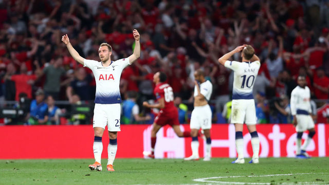 MADRID, SPAIN - JUNE 01: Christian Eriksen of Tottenham Hotspur reacts as Liverpool score their second goal during the UEFA Champions League Final between Tottenham Hotspur and Liverpool at Estadio Wanda Metropolitano on June 01, 2019 in Madrid, Spain.