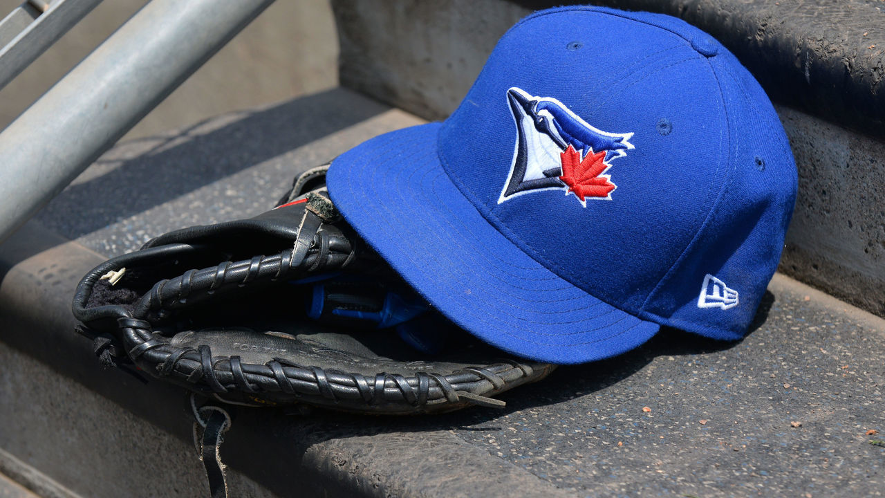 DETROIT, MI - JULY 16: A detailed view of a Toronto Blue Jays baseball hat and glove sitting on the dugout steps during the game against the Detroit Tigers at Comerica Park on July 16, 2017 in Detroit, Michigan. The Tigers defeated the Blue Jays 6-5.