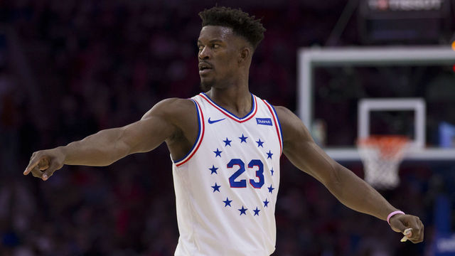 PHILADELPHIA, PA - MAY 09: Jimmy Butler #23 of the Philadelphia 76ers points against the Toronto Raptors in Game Six of the Eastern Conference Semifinals at the Wells Fargo Center on May 9, 2019 in Philadelphia, Pennsylvania. The 76ers defeated the Raptors 112-101.