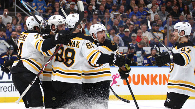 ST LOUIS, MISSOURI - JUNE 01: The Boston Bruins celebrate after goal by Patrice Bergeron #37 during the first period of Game Three of the 2019 NHL Stanley Cup Final against the St. Louis Blues at Enterprise Center on June 01, 2019 in St Louis, Missouri.