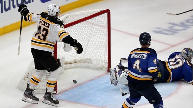 ST. LOUIS, MO - JUNE 1: Boston Bruins' Danton Heinen celebrates teammate Charlie Coyle's first period goal past a sprawled Blues goalie Jordan Binnington, as Blues Carl Gunnarsson looks on. The St. Louis Blues host the Boston Bruins in Game 3 of the 2019 Stanley Cup Finals at the Enterprise Center in St. Louis, MO on June 1, 2019.