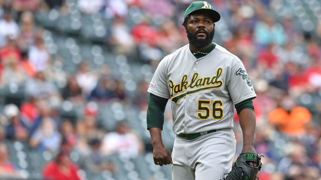 CLEVELAND, OHIO - MAY 22: Relief pitcher Fernando Rodney #56 of the Oakland Athletics leaves the game after giving up a two run home run during the eighth inning against the Cleveland Indians at Progressive Field on May 22, 2019 in Cleveland, Ohio.