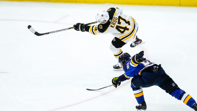 ST. LOUIS, MO - JUNE 01: Boston Bruins' Torey Krug takes a shot for a goal during the second period of Game 3 of the NHL Stanley Cup Finals hockey game between the St. Louis Blues and the Boston Bruins on June 1, 2019, at the Enterprise Center in St. Louis, MO.