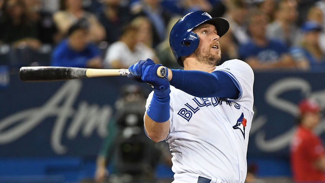 TORONTO, ON - MAY 21: Toronto Blue Jays First base Justin Smoak (14) watches a fly ball during the regular season MLB game between the Boston Red Sox and Toronto Blue Jays on May 21, 2019 at Roger Centre in Toronto, ON.