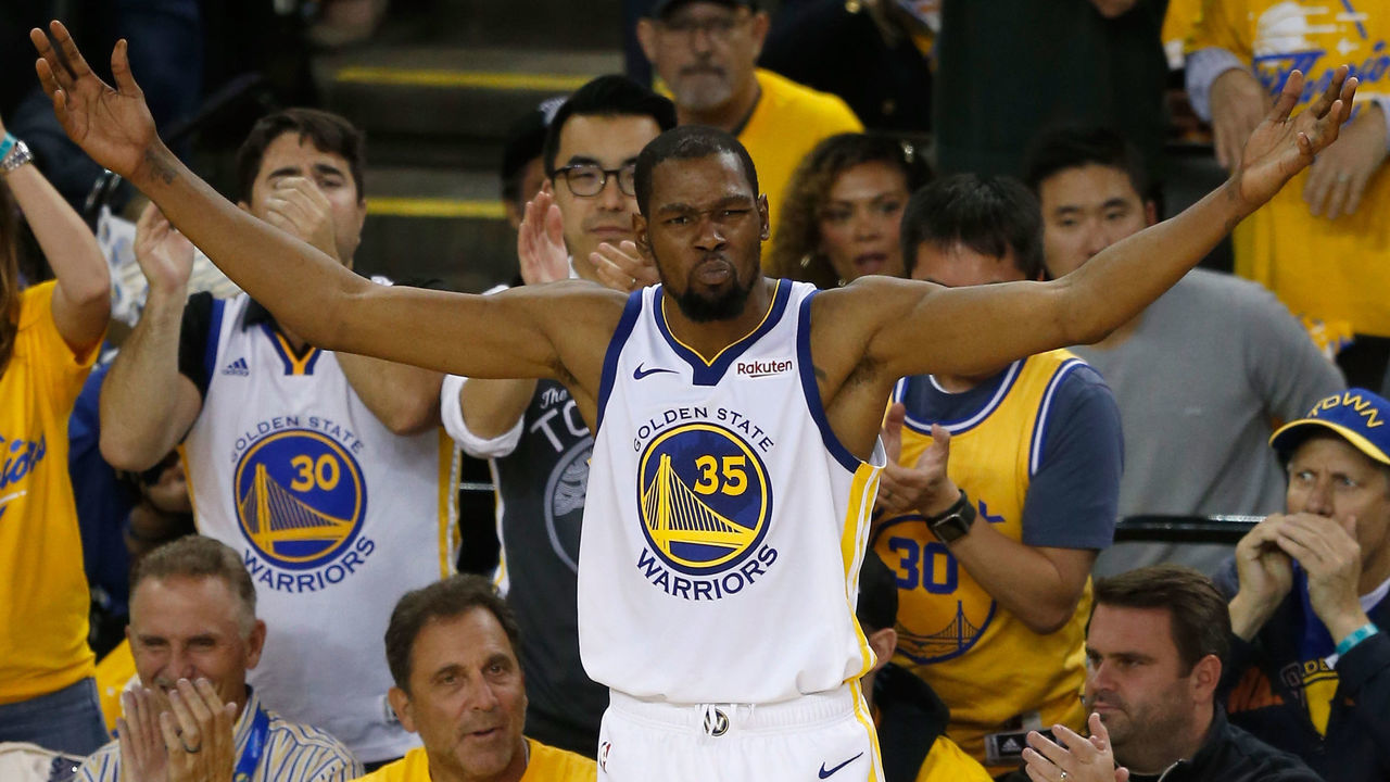 OAKLAND, CALIFORNIA - MAY 08: Kevin Durant #35 of the Golden State Warriors reacts during the game against the Houston Rockets during Game Five of the Western Conference Semifinals of the 2019 NBA Playoffs at ORACLE Arena on May 08, 2019 in Oakland, California.