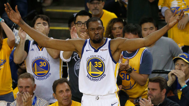 OAKLAND, CALIFORNIA - MAY 08: Kevin Durant #35 of the Golden State Warriors reacts during the game against the Houston Rockets during Game Five of the Western Conference Semifinals of the 2019 NBA Playoffs at ORACLE Arena on May 08, 2019 in Oakland, California.