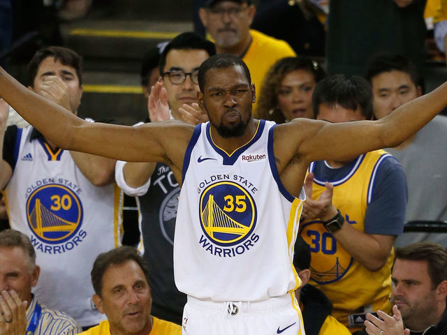 OAKLAND, CALIFORNIA - MAY 08: Kevin Durant #35 of the Golden State Warriors reacts during the game against the Houston Rockets during Game Five of the Western Conference Semifinals of the 2019 NBA Playoffs at ORACLE Arena on May 08, 2019 in Oakland, California.