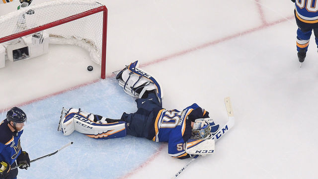 ST. LOUIS, MO - JUNE 1: Jordan Binnington #50 of the St. Louis Blues reacts after giving up a goal to the Boston Bruins in Game Three of the 2019 NHL Stanley Cup Final at Enterprise Center on June 1, 2019 in St. Louis, Missouri.