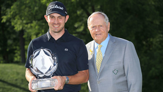 DUBLIN, OHIO - JUNE 02: Patrick Cantlay poses with Jack Nicklaus and the trophy after winning The Memorial Tournament Presented by Nationwide at Muirfield Village Golf Club on June 02, 2019 in Dublin, Ohio.