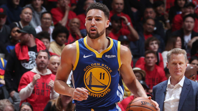 TORONTO, CANADA - JUNE 2: Klay Thompson #11 of the Golden State Warriors handles the ball against the Toronto Raptors during Game Two of the NBA Finals on June 2, 2019 at Scotiabank Arena in Toronto, Ontario, Canada. NOTE TO USER: User expressly acknowledges and agrees that, by downloading and/or using this photograph, user is consenting to the terms and conditions of the Getty Images License Agreement. Mandatory Copyright Notice: Copyright 2019 NBAE