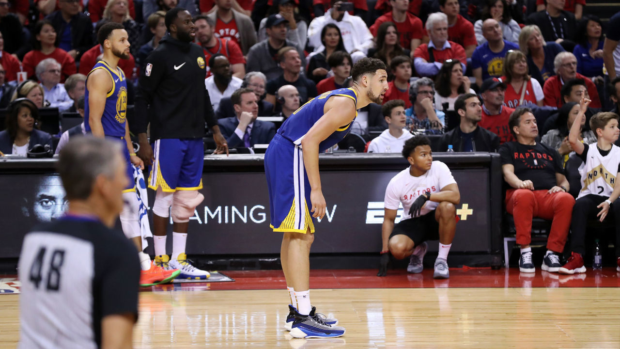 TORONTO, CANADA - JUNE 2: Klay Thompson #11 of the Golden State Warriors looks on during Game Two of the NBA Finals on June 2, 2019 at Scotiabank Arena in Toronto, Ontario, Canada. NOTE TO USER: User expressly acknowledges and agrees that, by downloading and/or using this photograph, user is consenting to the terms and conditions of the Getty Images License Agreement. Mandatory Copyright Notice: Copyright 2019 NBAE